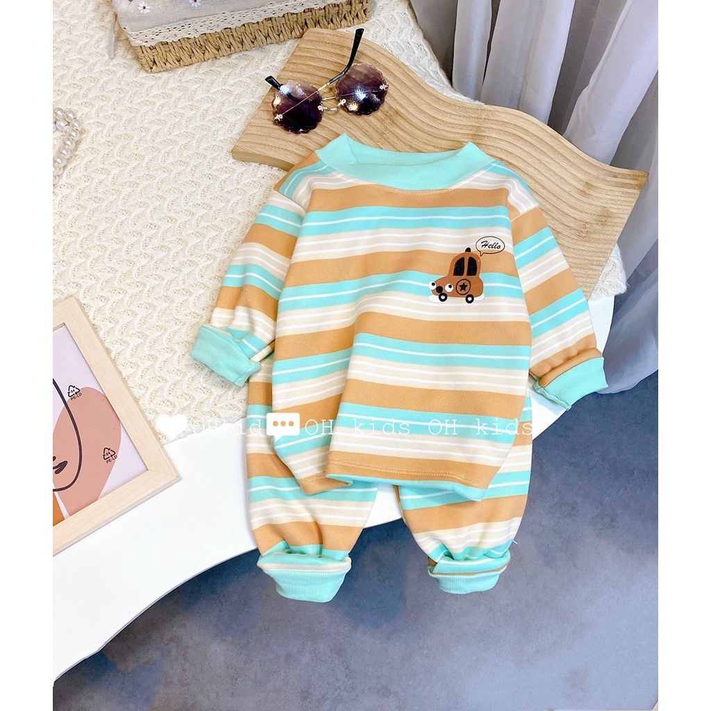 Bộ dài tay cho bé, quần áo trẻ em, nỉ bông bé trai bé gái kẻ sọc thêu hình 6-16kg