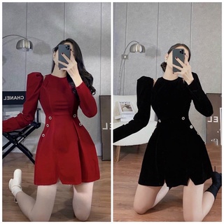 Đầm nhung khoét vai tay phồng nút eo