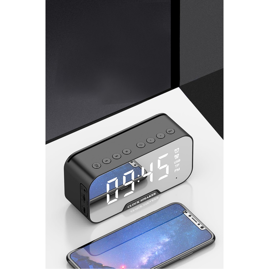 Loa bluetooth không dây mini Yoking clock speaker D 88 mặt kính tráng gương làm đồng hồ và đèn ngủ âm thanh vòm 9D
