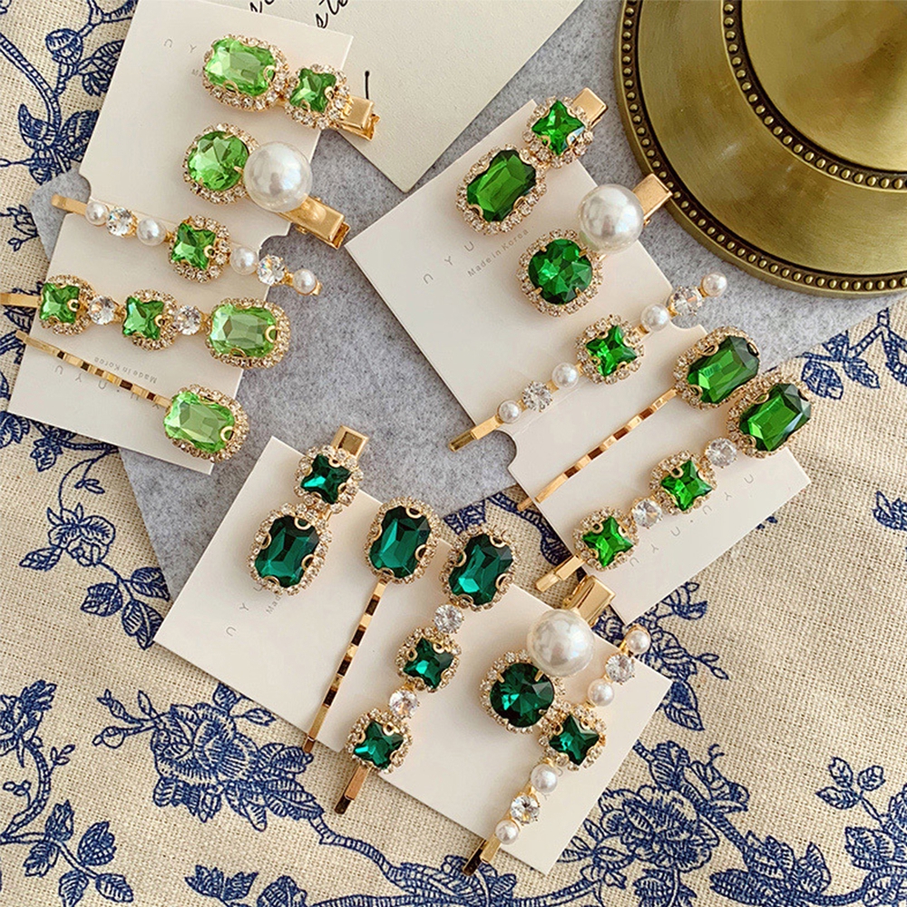 Kẹp Tóc Đính Đá Lục Bảo Phối Ngọc Trai Thanh Lịch Cho Nữ