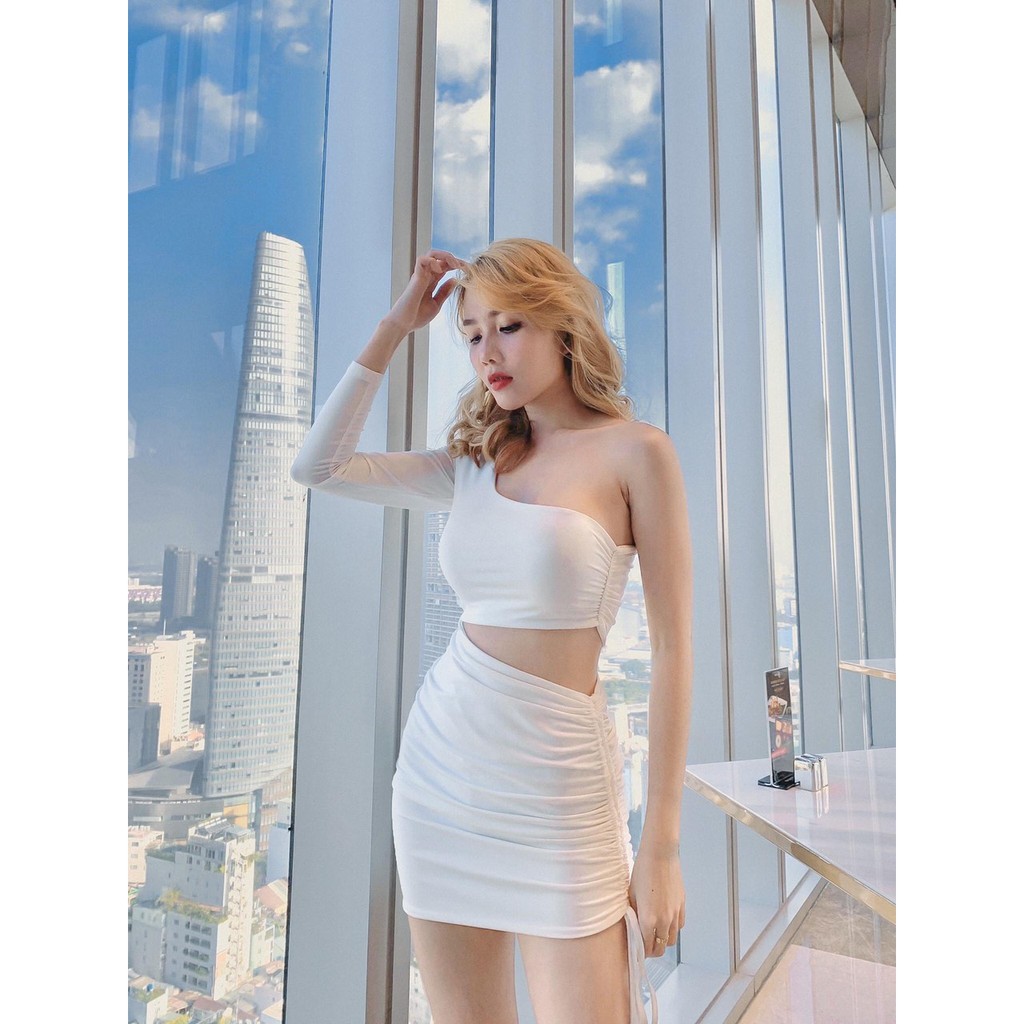 Đầm Body Lệch Vai Khoét Eo Rút Dây Chất Thun Borip Thích Hợp Mặc Đi Tiệc Đi Làm Đi Chơi