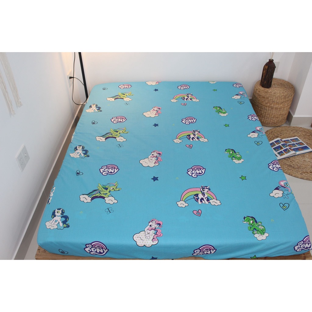 Bộ ga gối 4 món ngựa Little Pony màu xanh cotton 100% (ga giường + 1 vỏ gối ôm + 2 vỏ gối nằm)