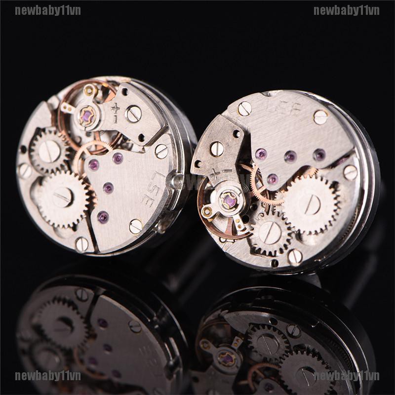 1Pair Vintage Mens Cufflinks Watch Movement Cuff Links Wedding Silver Steampunk Baby1