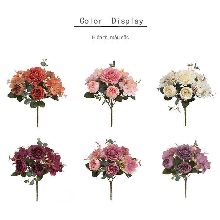 Hoa mô phỏng. Bó hoa mô phỏng màu retro. Hoa cẩm tú cầu. Hoa mẫu đơn trang trí phòng khách tại nhà Hoa giả. Hoa lụa. Bàn ăn và bàn cà phê cắm hoa