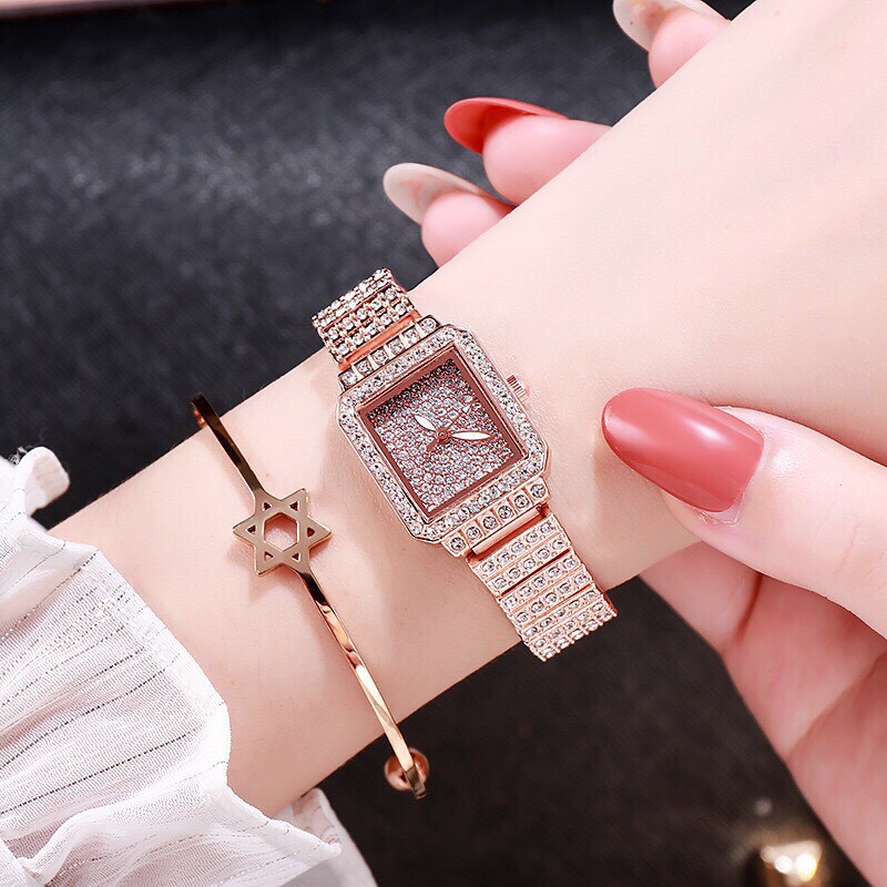 Đồng hồ thời trang nữ DZG mặt chữ nhật đính đá cao cấp SC724