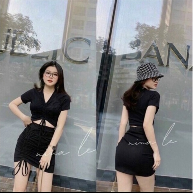 Váy body khoét ngực dây rút hông lạ mắt, Đầm ôm tay dài dây rút 2 bên