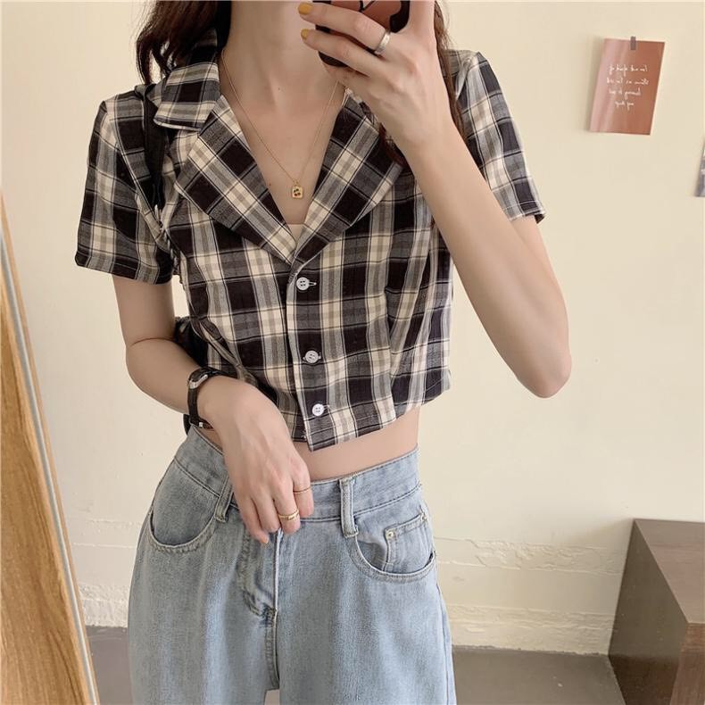 [ Mã FAMAYWA2 giảm 10K đơn 50K] ÁO CROPTOP SƠ MI KẺ 6 MÀU - ÁO KIỂU CỔ VEST HỌA TIẾT CARO ULZZANG QC