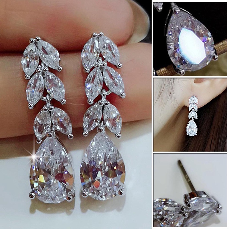 Bông Tai Mạ Bạc 925 Hình Lá Đính Đá Sang Trọng