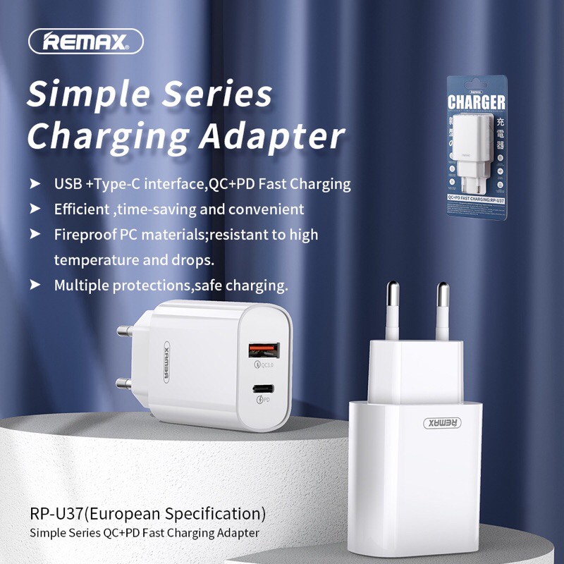 sạc nhanh remax RP-U37 2 cổng USB tích hợp QC 3.0 và PD 18W