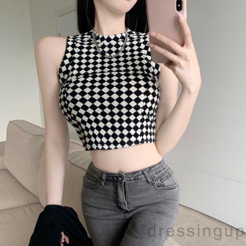 Dre-áo Tank Top Ôm Dáng Vừa Vặn Họa Tiết Hình Thoi / Ngựa Vằn Cho Nữ