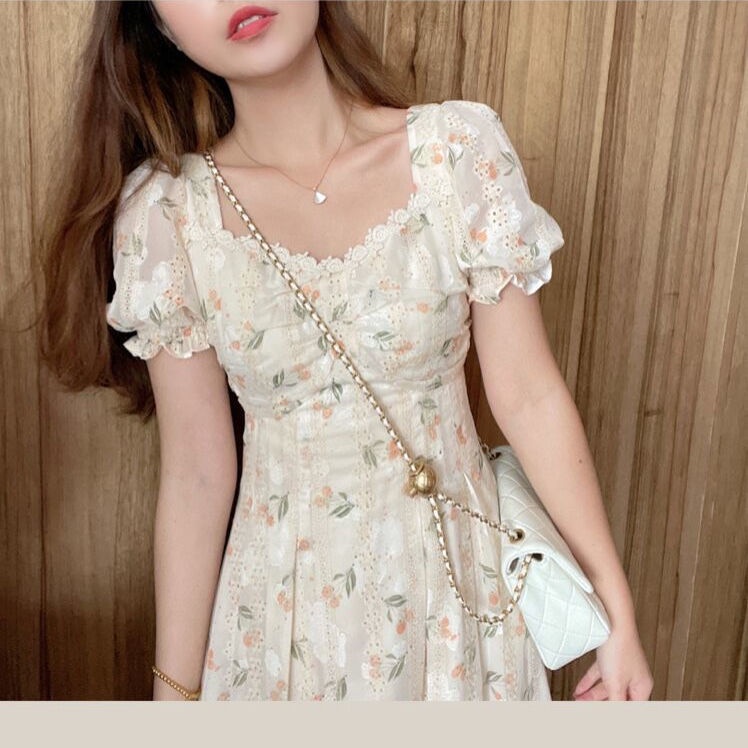 Đầm Cổ Vuông Nhấn Eo Họa Tiết Hoa Phong Cách Pháp Cổ Điển Thời Trang Mùa Hè Mới Dành Cho Nữ