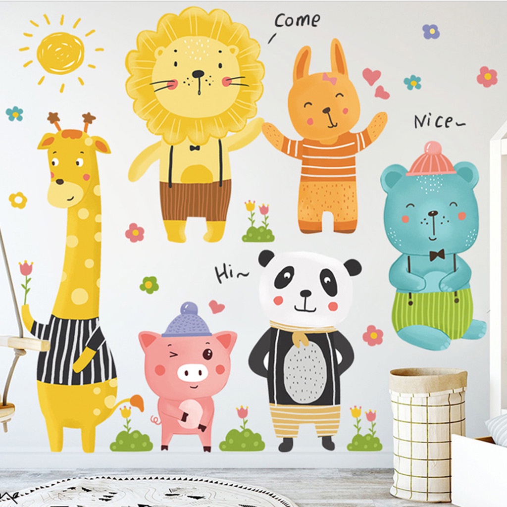 Decal dán tường cho bé trai bé gái học các con vật ngộ nghĩnh trang trí phòng bé, sticker dán tường động vật cho bé