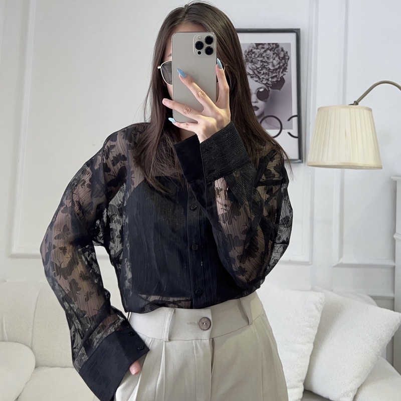 Áo sơ mi nữ form rộng tay dài hàng thiết kế Huien Design phong cách Hàn Quốc, áo sơ mi ren tiểu thư nhẹ nhàng nữ tính