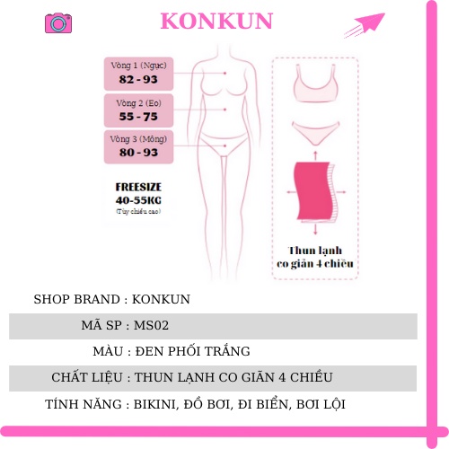 Bikini đồ bơi đi biển 1 mảnh màu đen phối viền trắng KONKUN MS02