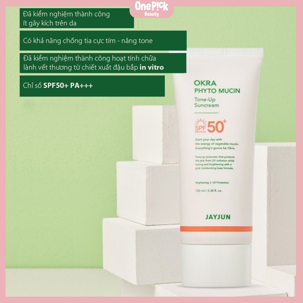 Kem chống nắng Jayjun Okra Phyto Tone-Up chống tia UV với SPF 50+, làm dịu, nâng tông và dưỡng ẩm không gây bết dính, bóng nhờn với thành phần hoàn toàn lành tính cho da nhạy cảm [JAYJUN OKRA PHYTO TONE-UP SUN CREAM 100ML]