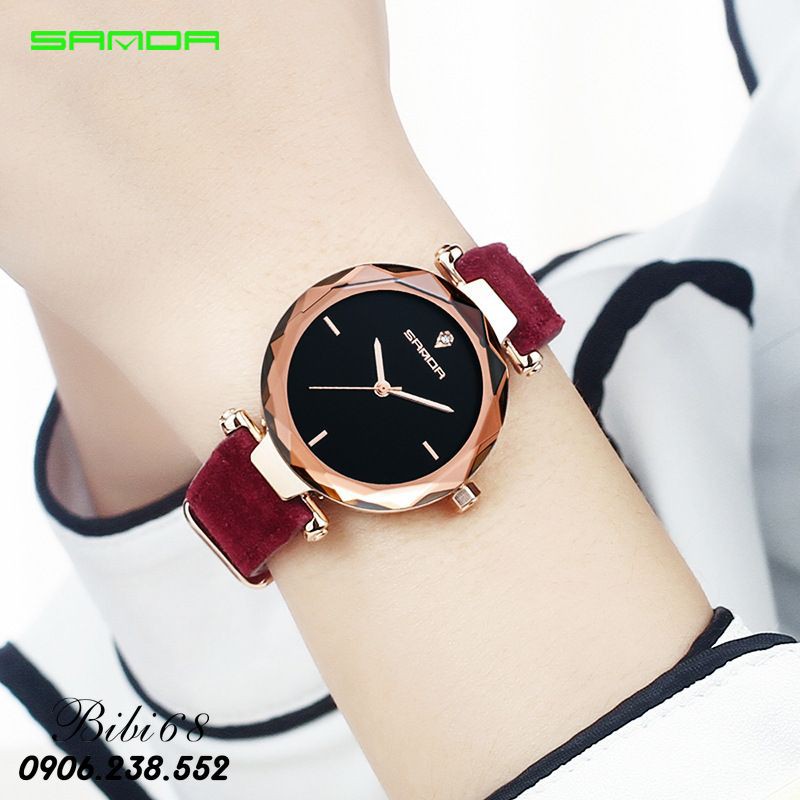 Đồng hồ nữ SANDA mặt vát 3D cao cấp dây da thời trang chống nước siêu đẹp giá tốt màu đỏ