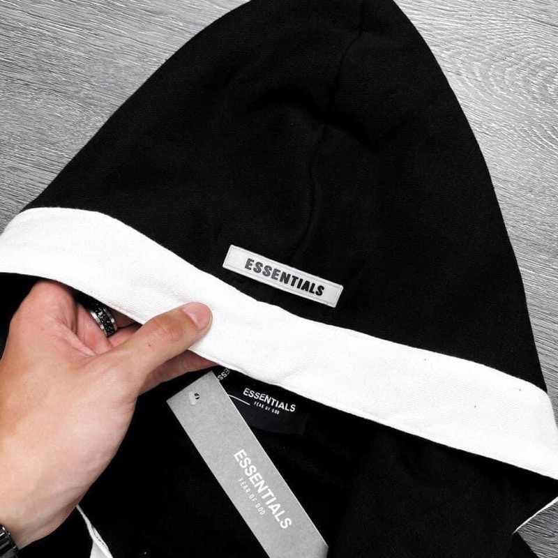 Áo hoodie zip nam ESSENTIALS màu đen viền trắng, form rộng chất nỉ bông dày dặn
