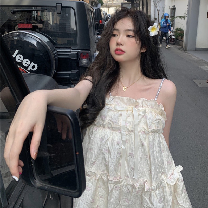 Đầm Sát Nách In Hoa Đính Ngọc Trai Giả Dễ Thương Thời Trang Mùa Hè Cho Nữ