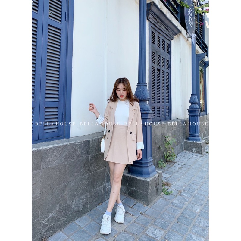 Áo blazer tay phối kẻ & chân váy