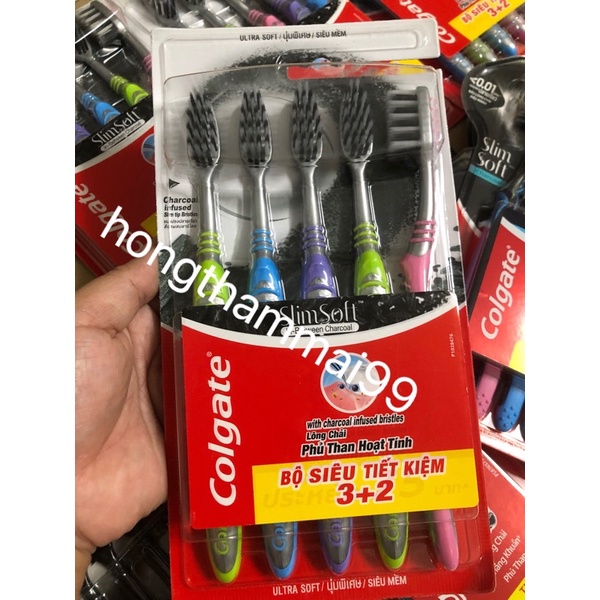bộ 5 bàn chải colgate than hoạt tính kháng khuẩn slimsoft charcoal/slimsoft between charcoal mềm mảnh