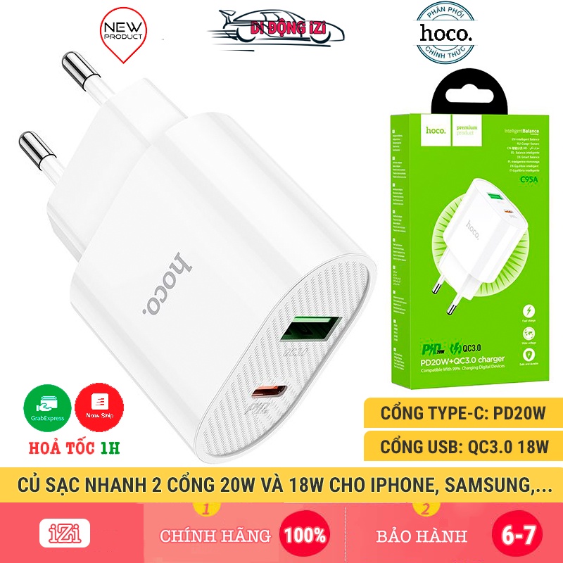 Củ Sạc Nhanh PD 20W, QC 3.0 Cho iP 14/13/12/11/X/8, Samsung, Xiaomi, Oppo,... Hoco C95A 2 Cổng C + U