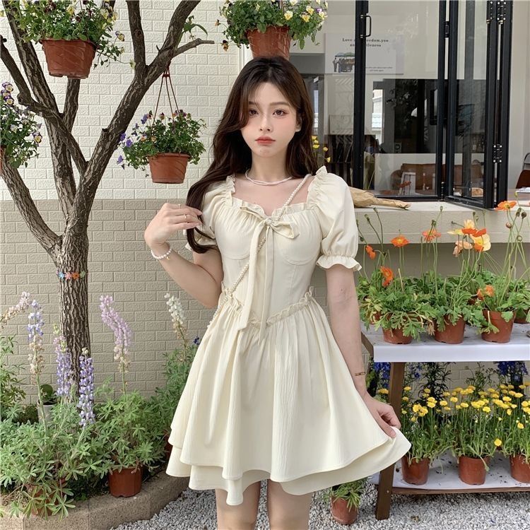 [MURIOKI] Đầm Chữ A Tay Phồng Cổ Vuông Phong Cách Hàn Quốc Thời Trang Mùa Hè Quyến Rũ Cho Nữ