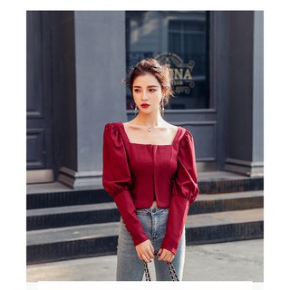 👗👗Áo Kiểu Tay Phồng Dài Cổ Vuông Phong Cách Hàn Quốc Cho Nữ
