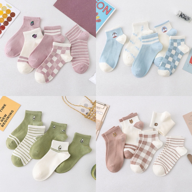 Set 5 đôi tất vớ cổ ngắn họa tiết dễ thương Vintage nhiều kiểu chất liệu cotton kháng khuẩn LUCIA SISTER T06