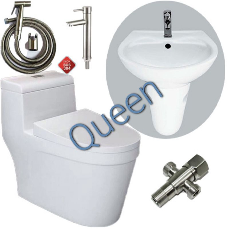 Combo Phòng tắm, bồn cầu nguyên khối cao cấp  lavabo chân treo. MUA COMBO TẶNG KÈM BỘ VÒI CỦ SEN LẠNH TRỊ GIÁ 250K