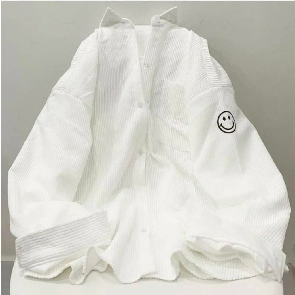 Áo Khoác Sơ Mi Nhung Gân Nam Nữ Unisex Thêu Logo Mặt Cười Chất Dày Dặn Phong Cách Hàn Quốc