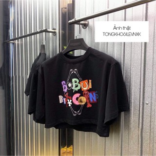 Áo Croptop Nữ BoBui 🦋FREESHIP🦋 Áo Phông Dáng Ngắn Cộc Tay In Chữ Màu Đen
