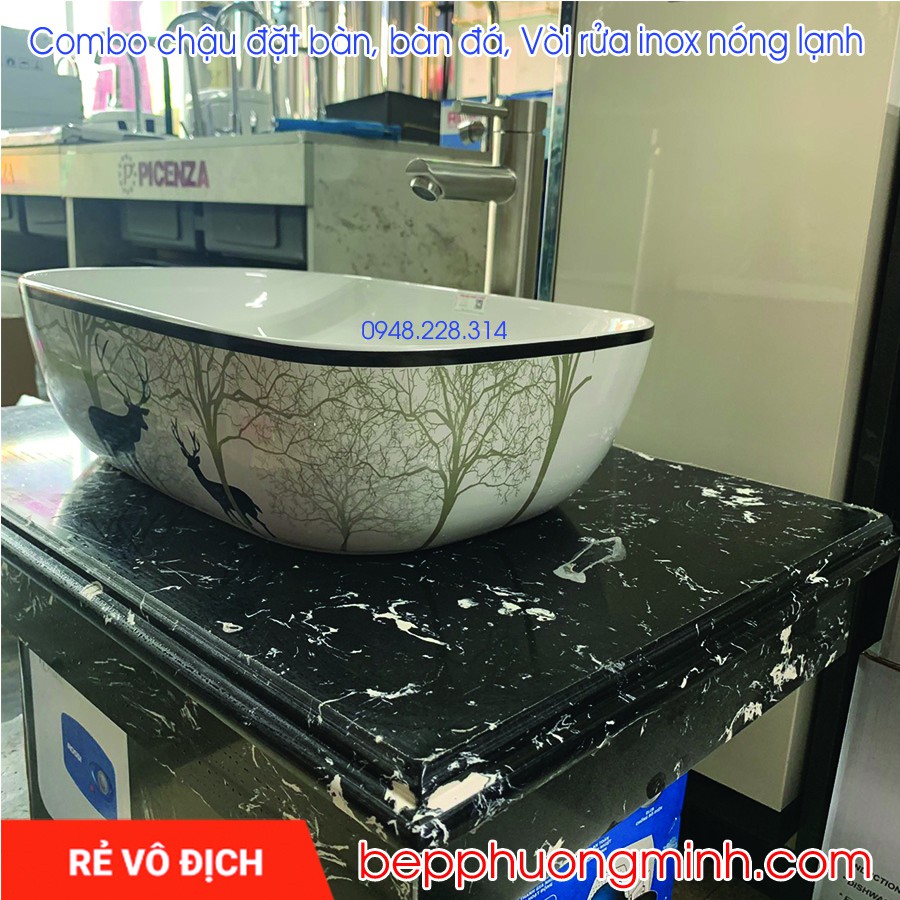 Bộ chậu rửa đặt bàn, bàn đá, vòi lavabo cao sus304 cao cấp