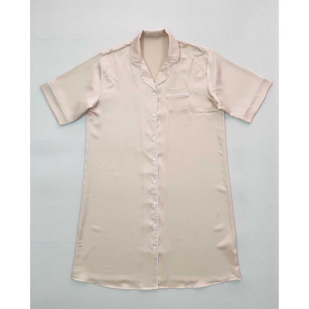 Đầm ngủ nữ lụa satin viền trắng , Váy ngủ mặc nhà cộc tay dáng suông vải mát ít nhăn GHP-Garment