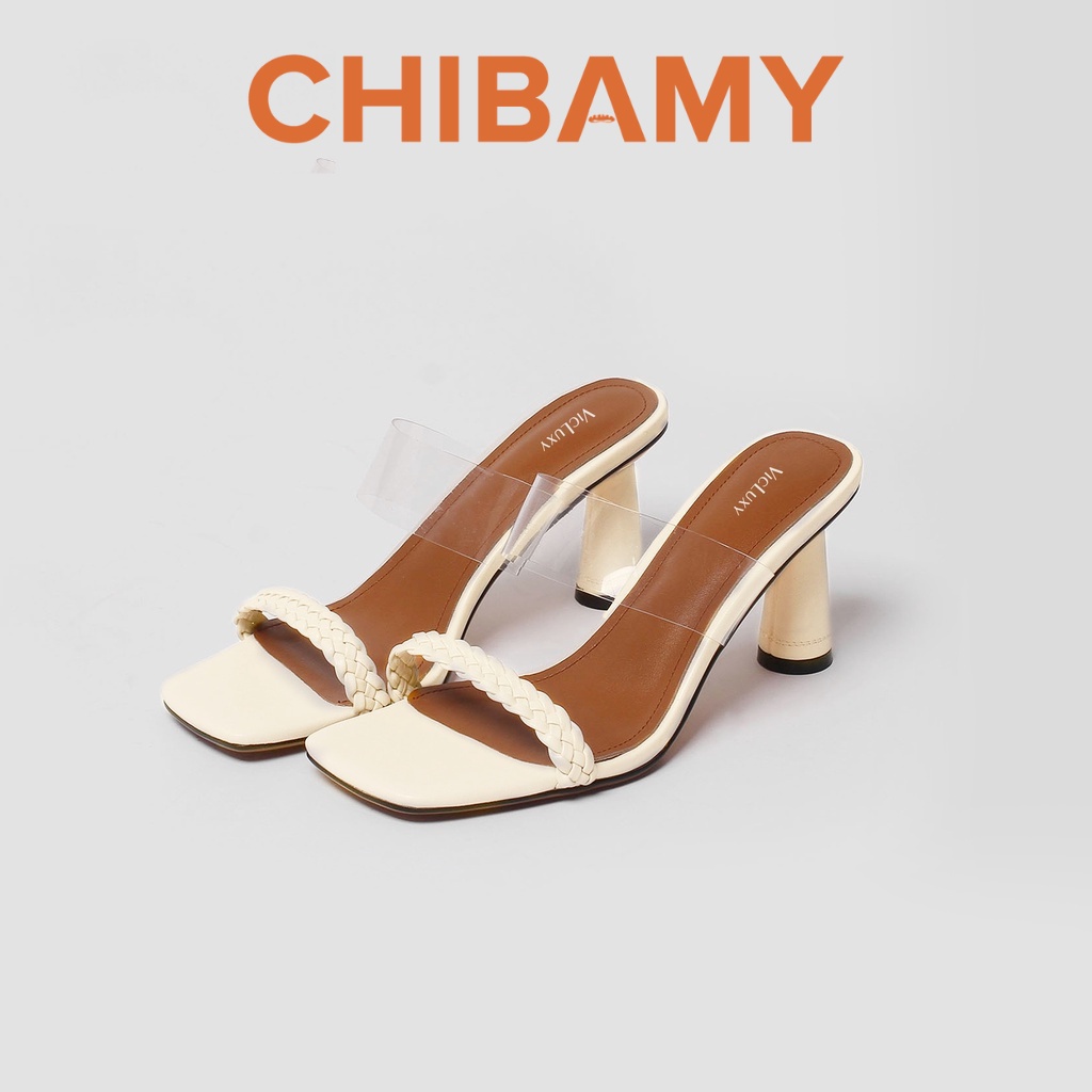 Sandal nữ gót Tháp Trụ Tròn bọc đồng cao 7cm, kết hợp quai tết mảnh và quai trong hiệu CHIBAMY