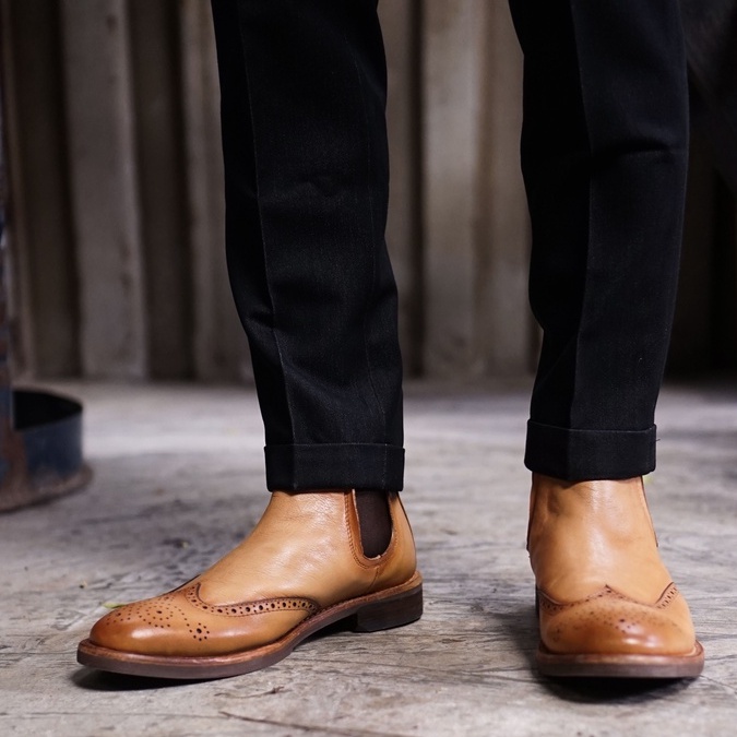 Giày boot nam cao cổ màu nâu tan CHELSEA WINGTIP, giày da thật cổ lửng TONKIN