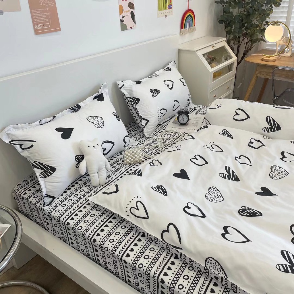 Bộ chăn ga gối Poly Hàn Quốc Tim trắng cho người đang yêu (Tặng vỏ gối ôm) - Miễn phí bo chun