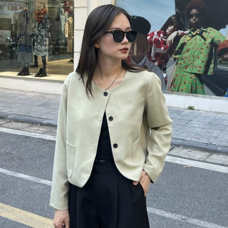 Áo khoác blazer nữ 1 lớp dáng ngắn tay dài cổ tròn hàng thiết kế Huien Design công sở, áo vest nữ blazer Hàn Quốc