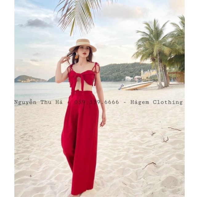 SET ĐI BIỂN ÁO CROPTOP CỘT NƠ + QUẦN SUÔNG DÀI