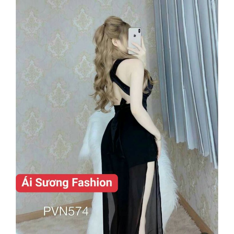 Set Bodysuit Hai Dây Cúp Ngực Chéo Lưng Kèm Quần Suông Xẻ Tà Hai Bên cực gợi cảm