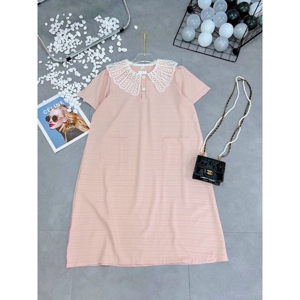 Váy Bầu cổ ren dáng xuông ,Chất Xốp kẻ ,đính khuy ngọc siêu xinh,phù hợp đi làm đi chơi freesize 43-68kg