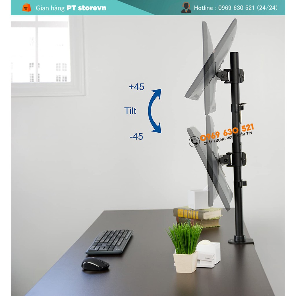 Giá Treo 2 Màn Hình 17 – 27 Inch Kẹp Bàn M063 Trụ Cao 80 Cm - Xếp Màn Trên / Dưới - Xoay Màn 360°