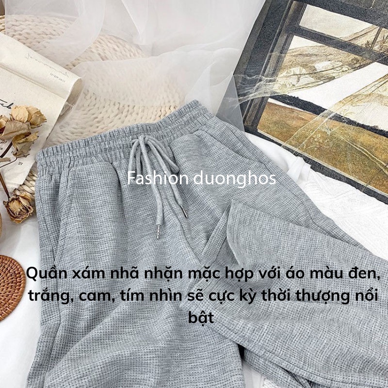 Quần ống rộng suông nữ nỉ tổ ong cạp chun có dây rút phong cách Hàn Quốc