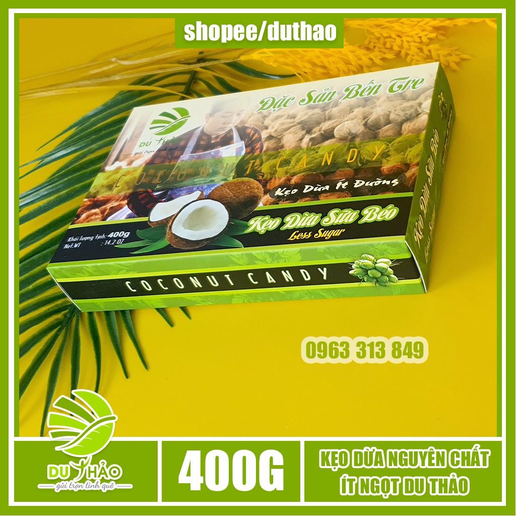 Kẹo dừa nguyên chất Bến Tre ít ngọt Du Thảo 400g, kẹo dừa Bến Tre truyền thống không sầu riêng mềm, dẻo