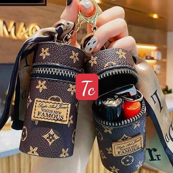Móc chìa khóa túi hộp đựng son cực xinh kèm khăn màu nâu sang chảnh-giadungsieure