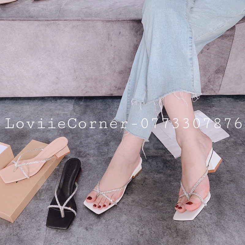 DÉP CAO GÓT LOVIIECORNER - GUỐC NỮ QUAI MẢNH ĐÍNH ĐÁ - DÉP CAO GÓT ĐẾ VUÔNG 5 PHÂN -GUỐC XỎ NGÓN ĐÍNH ĐÁ D201271 D210139