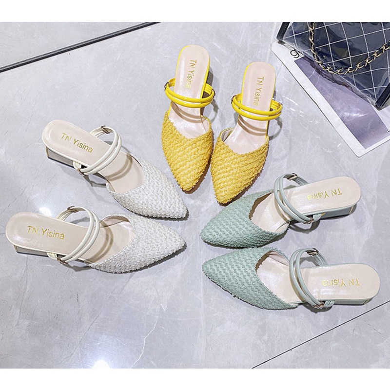 Giày sandal IELGY mũi nhọn đế thô màu xanh lá cây hai kiểu mang dễ phối đồ dành cho nữ