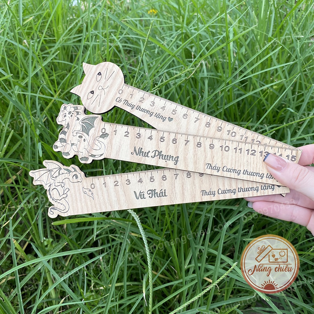 Thước gỗ khắc laser các hình ngẫu nhiên - Dụng cụ học tập khắc tên theo yêu cầu - Độ dài 15cm