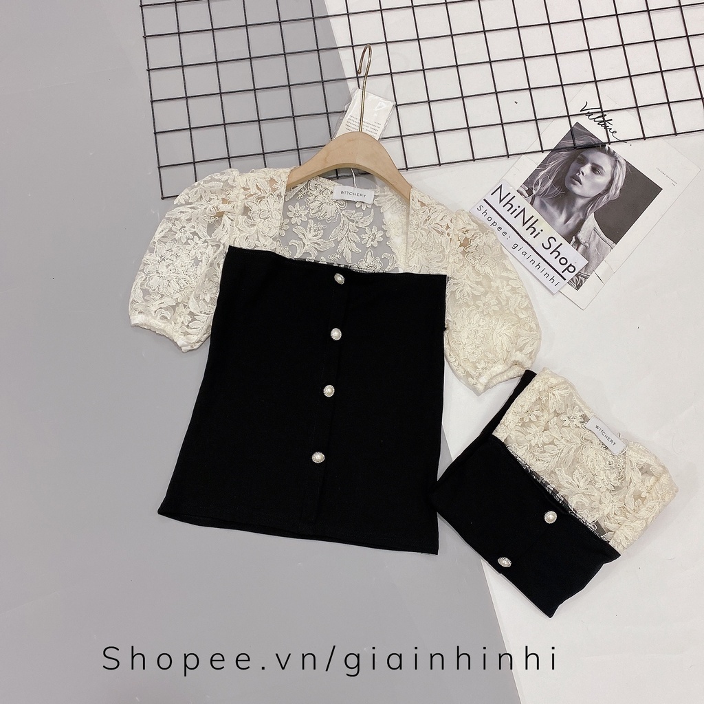 Áo kiểu cổ vuông tay ren chất thun zip vai bồng cúc giữa AK6507 - NhiNhi Shop
