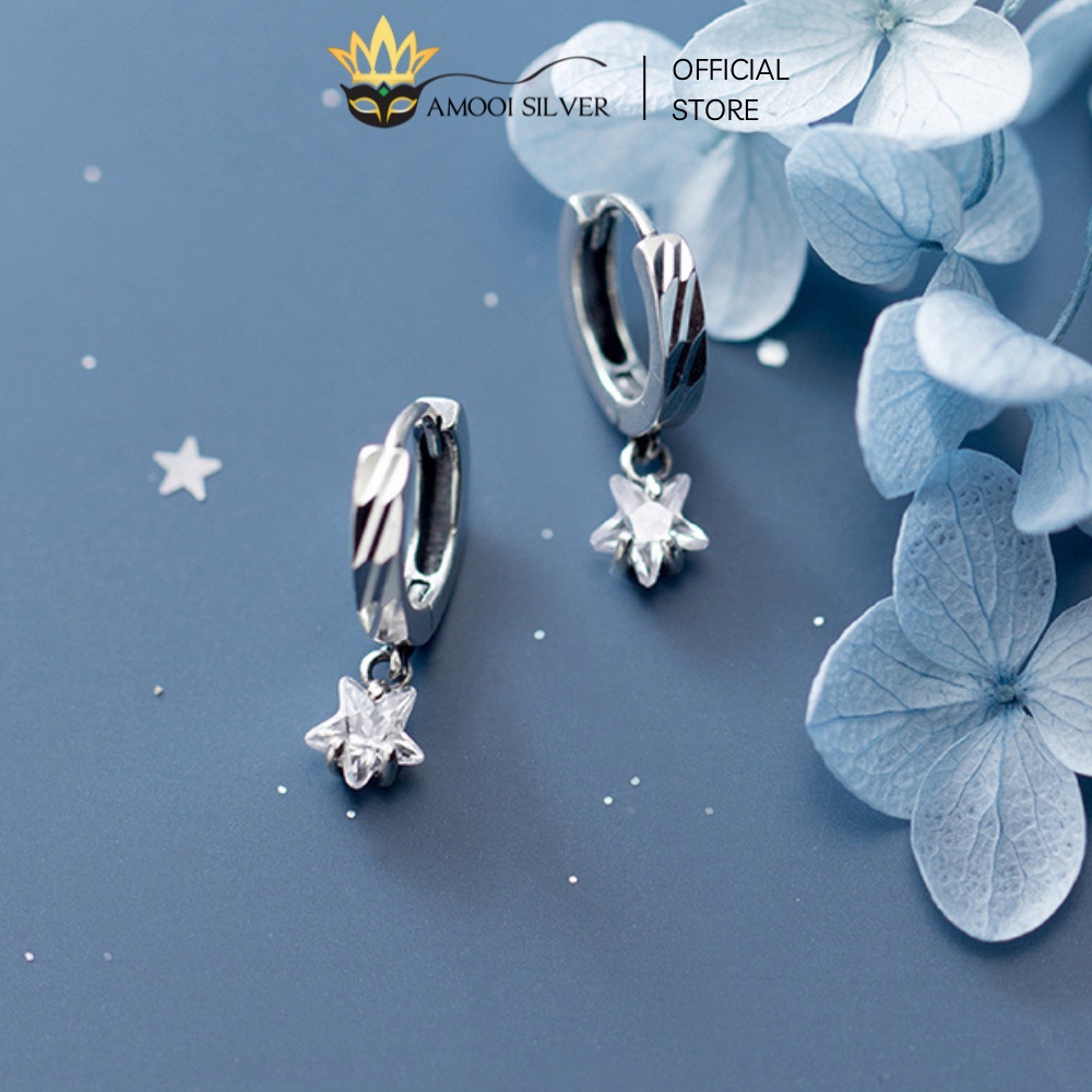 [Mã BMLT35 giảm đến 35K đơn 99K] Bông Tai Bạc S925 Khoen Tròn Mẫu Ngôi Sao Móc Đường Kính 8mm - Amooi Silver AB98