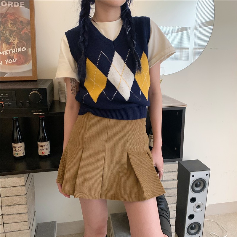 Áo dệt kim không tay màu sắc tương phản phong cách retro thời trang dành cho nữ